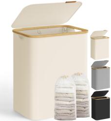 SONGMICS Laundry Basket with Lid, Laundry Hamper with 2 Compartments, 130L, Removable Laundry Bag, Oxford Fabric, Bamboo Handles, Foldable, 52 x 38.5 x 70.5 cm, Cream White LCB513W01 - LCB513W01V1 - boombuy