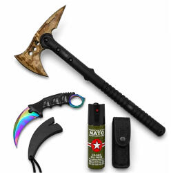 Depox Set topor Survivor, spray paralizant si cutit karambit DEPOX®, Desert Camo, 39 cm/60 ml/25 cm, husa inclusa (1475)