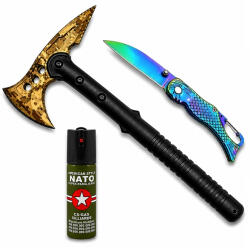 Depox Set topor Survivor, cutit de buzunar sirena si spray paralizant DEPOX®, 39 cm/15 cm/60 ml, husa inclusa (1531)
