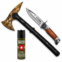 Depox Set topor SurvivormBriceag Automat din Oțel 440C si Spray Autoapărare NATO 39 cm/60 ml/37 cm, husa inclusa (1539)