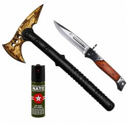 Depox Set topor SurvivormBriceag Automat din Oțel 440C si Spray Autoapărare NATO 39 cm/60 ml/27 cm, husa inclusa (1533)