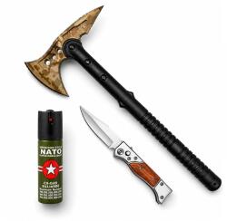 Depox Set topor SurvivormBriceag Automat din Oțel 440C si Spray Autoapărare NATO 39 cm/60 ml/16 cm, husa inclusa (1535)
