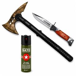 Depox Set topor SurvivormBriceag Automat din Oțel 440C si Spray Autoapărare NATO 39 cm/110 ml/22 cm, husa inclusa (1538)