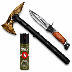 Depox Set topor SurvivormBriceag Automat din Oțel 440C si Spray Autoapărare NATO 39 cm/110 ml/37 cm, husa inclusa (1540)