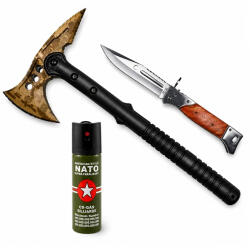 Depox Set topor SurvivormBriceag Automat din Oțel 440C si Spray Autoapărare NATO 39 cm/60 ml/22 cm, husa inclusa (1537)