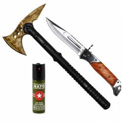 Depox Set topor SurvivormBriceag Automat din Oțel 440C si Spray Autoapărare NATO 39 cm/110 ml/27 cm, husa inclusa (1534)
