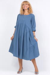 Rosa 99 Rochie albastru jeans oversize, cu maneca scurta, cu trei volane asimetrice, din poplin satinat Talie unica