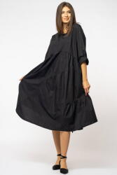 Rosa 99 Rochie neagra oversize, cu maneca scurta, cu trei volane asimetrice, din poplin satinat Talie unica