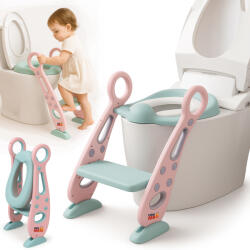 Linomag Reductor WC pentru Copii cu Scarita, Linomag®, Plabil, Reglabil pe Inaltime, Colac Moale, 42.6 x 55 x 41.5 cm, Rose / Teal (rwcsr)
