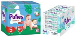 pufies Scutece chiloței Pufies Fashion - Mărimea 5, 12-17 kg, 120 buc + șervețele umede Pufies Clean Care - 12 x 64 buc (3800024036125+13800024027540)