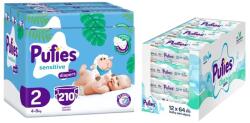 pufies Scutece Pufies Sensitive - Mărimea 2, 4-8 kg, 210 buc + șervețele umede Pufies Clean Care, 12 х 64 buc (3800024036217+13800024027540)