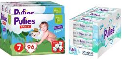pufies Scutece chiloței Pufies Fashion & Nature - Mărimea 7, 17+ kg, 96 buc + șervețele umede Pufies Clean Care, 12 х 64 buc (3800024036347+13800024027540)