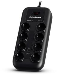 CyberPower Prelungitor CyberPower P0820SUF0-DE, cu intrerupator iluminat, 8 prize, 2xUSB-A 5V 2.4A, protectie supratensiune/suprasarcina, 1050 Jouli, 1.8 m, Negru (P0820SUF0-DE)