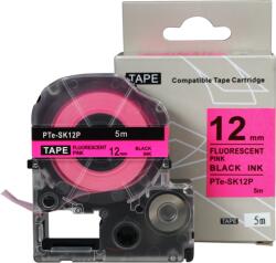 Compatibil Epson SK12P, 12mm x 5m, text negru / fluorescent fundal roz, banda compatibila (PTe-SK12P)