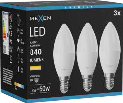 Mexen Nova 3x LED крушка E14, C37, 8W, Топла - 3000K, 840 lm - L102-E14-0830-01x03 (L102-E14-0830-01x03)