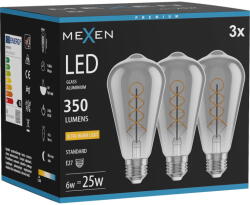 Mexen Vintis 3x спирална LED крушка с филамент E27, ST64, 6W, Топла - 2200K, 350 lm, опушено (L162-E27-0622-70x03)