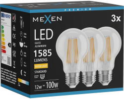 Mexen Vintis 3x LED крушка с нажежаема жичка E27, A60, 12W, Топла - 2700K, 1585 lm, прозрачна (L150-E27-1227-00x03)