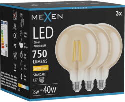 Mexen Vintis 3x LED филамент крушка E27, G125, 8W, Топла - 2700K, 750 lm, кехлибар (L158-E27-0827-50x03)