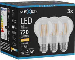 Mexen Vintis 3x LED нажежаема жичка E27, A60, 6W, Топла - 2700K, 720 lm, прозрачна (L150-E27-0627-00x03)