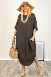 SHOPIKA Rochie oversize lalea cu crapatura rotunjita, din in, maron ciocolata Talie unica
