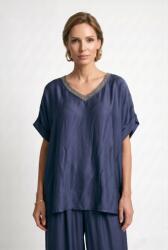 SHOPIKA Bluza oversized din matase si vascoza satinata, cu fir auriu la decolteu in V, bleumarin Talie unica