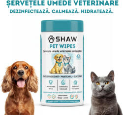 SHAW SHAW Pet Wipes cu Clorhexidina, șervețele umede câini și pisici, antibacteriene, hidratant, flacon, 72buc