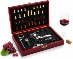MindBlower Set sah si accesorii pentru vin, Caseta Deluxe din lemn, design elegant, inchidere metalica, tirbuson, aerator, termometru, dop etansare si inel antipicurare (3312)