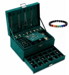 MindBlower Cutie bijuterii cu cheita, Emerald, 24x17x11 cm, material catifelat, verde inchis, accesoriu inclus Bratara energetica aromaterapie, 7 Chakre, roca vulcanica (3334)