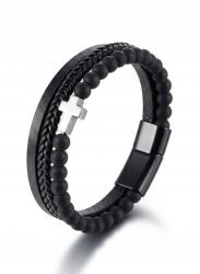 ALVIRO Férfi bőr karkötő kereszt fekete kő karneol acél 21 cm (BRA-1018-LTH-BLK-21)