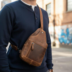  Borseta Barbati Piept, Crossbody din Piele Naturala, Green WOOD, Premium, Hand Made, Curea ajustabila, Maro Camel