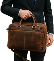  Geantă Barbati office tip Servietă ideala pentru laptop, Documente, Acte - Model Vintage Maro, Piele Naturala, 40x30x10 cm