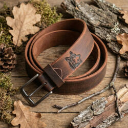 Curea Barbati din Piele Naturala Top Grain Maro si personalizata cu Lup, Hunter Brand