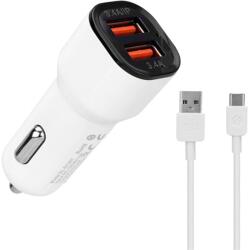 S-Link Autós töltő - EC30T (2db USB, 5V/2.4A/3, 4A, 17W, Type-C, 100cm adat+töltőkábel, fehér) Mobil (35681)