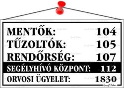  Információs tábla, 22, 5x12, 5 cm, Mentők tűzoltók, rendőrség telefonszámok, fehér (000 - 260F)