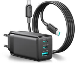 JOYROOM Захранване за ел. мрежа за лаптопи, смартфони и таблети с 2xUSB-C и 1xUSB-A изходи с технология за бързо зареждане и USB-C към USB-C кабел - Joyroom JR-TG10 GaN Fast Wall Charger 65W (черен) (JR-TG10 