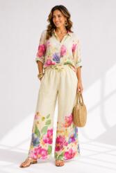 Shopika Compleu din in cu imprimeu floral acuarela, camasa lejera si pantaloni palazzo, galben pai Talie unica
