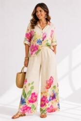 Shopika Compleu din in cu imprimeu floral acuarela, camasa lejera si pantaloni palazzo, bej Talie unica