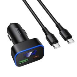 hoco. z63b autós töltő type-c+usb aljzat (60w, pd gyorstöltő 3.0, led kijelző + type-c kábel) fekete (Z63B)