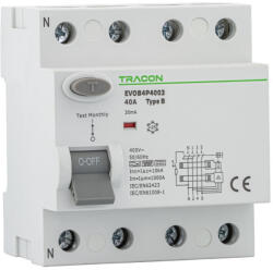 TRACON Áram-védőkapcsoló, 4 pólusú 25A, 30mA, 10kA EVOB4P2503 B Tracon (EVOB4P2503)