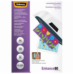 Fellowes Lamináló fólia, A4, 80 mikron, fényes, öntapadó hátlappal, 100 db/doboz, Fellowes® (5302202) - irodaszerpiac