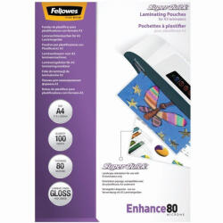 Fellowes Lamináló fólia, A4, 80 mikron, fényes, 100 db/doboz, SuperQuick Fellowes® (5440001) - irodaszerpiac