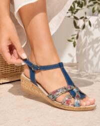 Ciucaleti Sandale dama bleumarin din piele naturala, cu detalii multicolore si talpa tip pana - feminine, vesele S27XBL, marimea 39