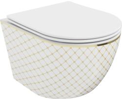 Mexen Lena Rimless WC csésze lassan záródó slim ülőkével, duroplast, fehér/arany kockás minta - 30224009 (30224009)