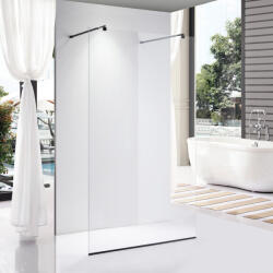 STUXI Milano Light Black falsíkra szerelhető Walk-in zuhanyfal, 130x200 cm, 8 mm vastag vízlepergető biztonsági üveggel, két távtartóval