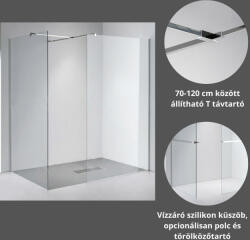 STUXI Milano Kombi Plus 1 Walk-in zuhanyfal, 80x130 cm, 8 mm vastag vízlepergető biztonsági üveggel, polccal és törölközőtartóval