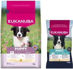 EUKANUBA 3kg Eukanuba Premium Nutrition Puppy Medium Breed csirke száraz kutyatáp + 100 g Adult Medium Breed ingyen akcióban