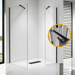 STUXI Milano Easy Black Kombi Plus 1 Walk-in zuhanyfal, 110x80 cm, 8 mm vastag vízlepergető biztonsági üveggel, helytakarékos stabilizátorral, polccal