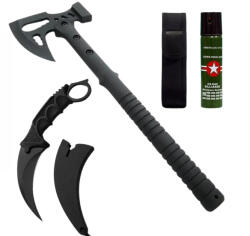 Depox Set topor multifuncțional, cuțit karambit Night și spray autoapărare DEPOX®, otel inoxidabil, negru, 42 cm/19 cm/110 ml, teaca inclusa (1826)