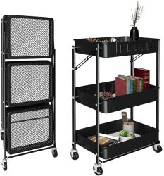 EMC ONSHOP Carucior depozitare multifunctional EMC ONSHOP®, Pliabil, cu 3 rafturi si 4 roti cu frana, Inox, 45x23x72 cm, Negru (ML-49-348) Raft
