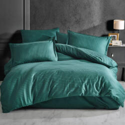 HomePuls Lenjerie pat cu elastic la cearsaf Damasc Bumbac 100% tip Hotel, dunga 1 cm, 4 piese, pentru saltea 160x200 cm, pilota 180x220 cm, 2 fete perna (300.12-verde-petrol) Lenjerie de pat